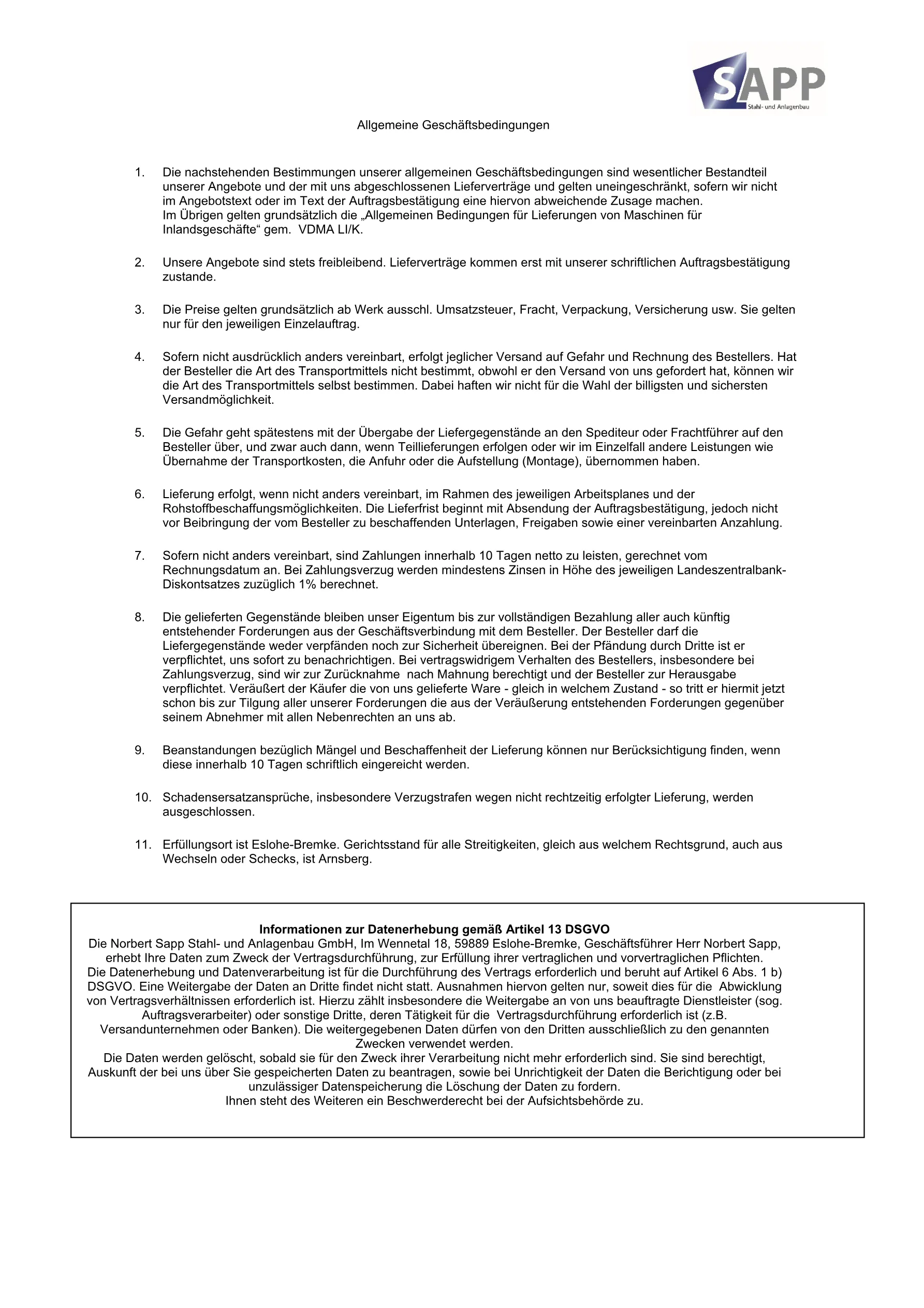 Erste Seite der Allgemeinen Geschäftsbedingungen von Sapp mit Logo